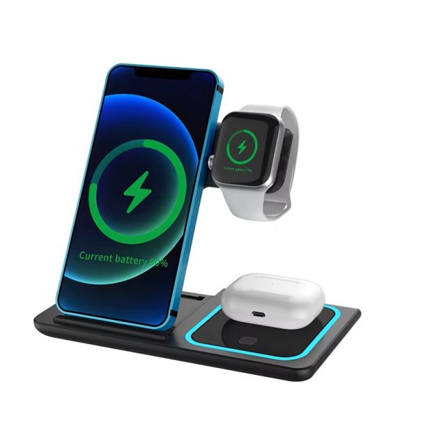 Draadloze oplader met ruimte voor telefoon, smartwatch en oplaadcase.