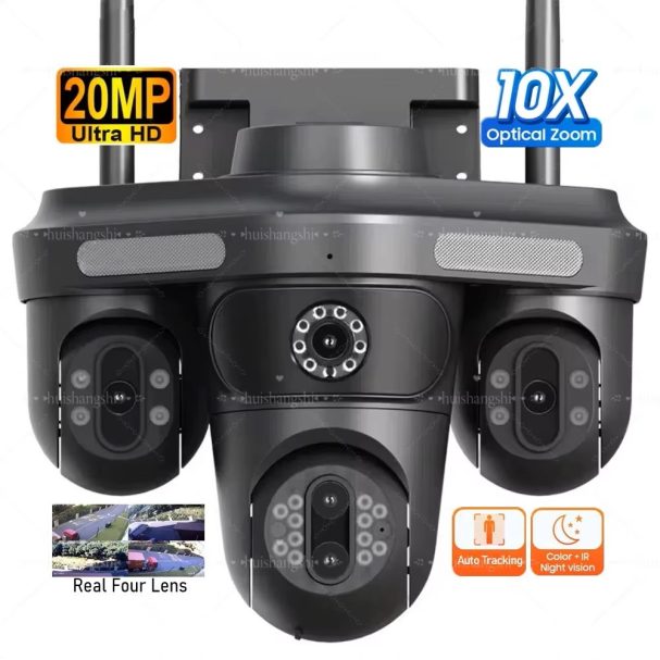 Zwart beveiligingscamera met 20MP resolutie en 10x optische zoom.