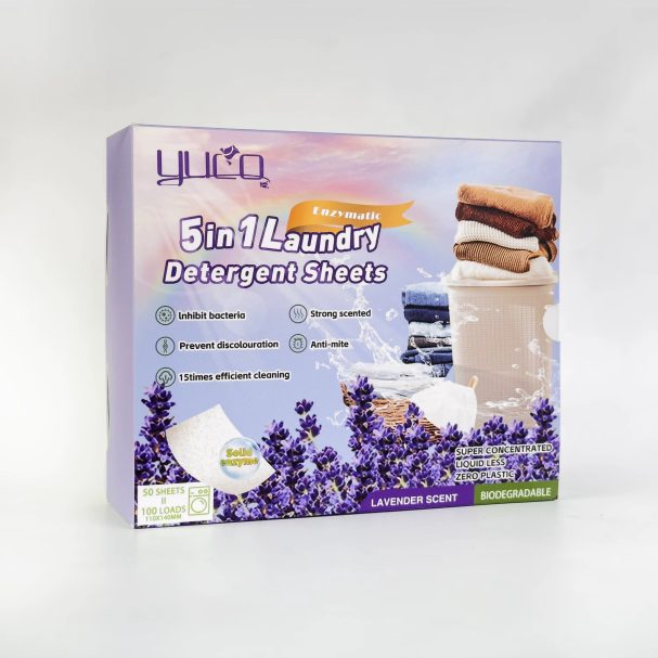 Verpakking van 5-in-1 wasmiddeldoekjes met lavendelgeur en schone wasinstructies.