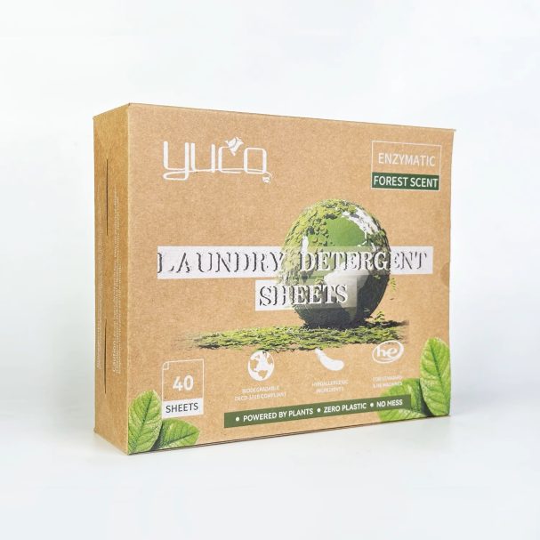 Verpakking van YULIQ wasmiddelbladen met een eco-vriendelijk ontwerp. 40 bladen.