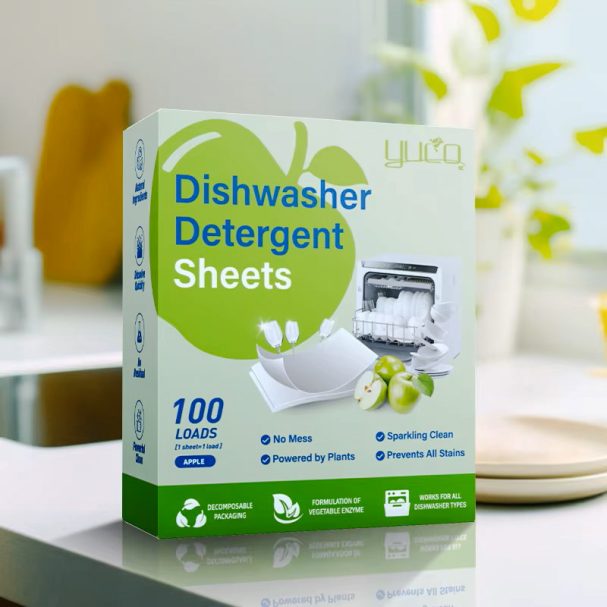 Verpakking van vaatwasmiddel in vellen, met groene appels en 100 vellen.