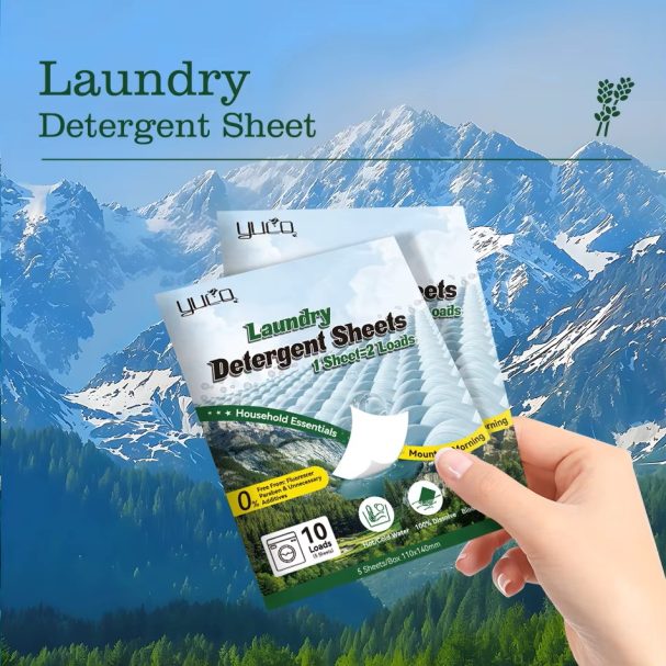 Een hand houdt wasmiddelverpakkingen tegen een groene achtergrond met bergen.